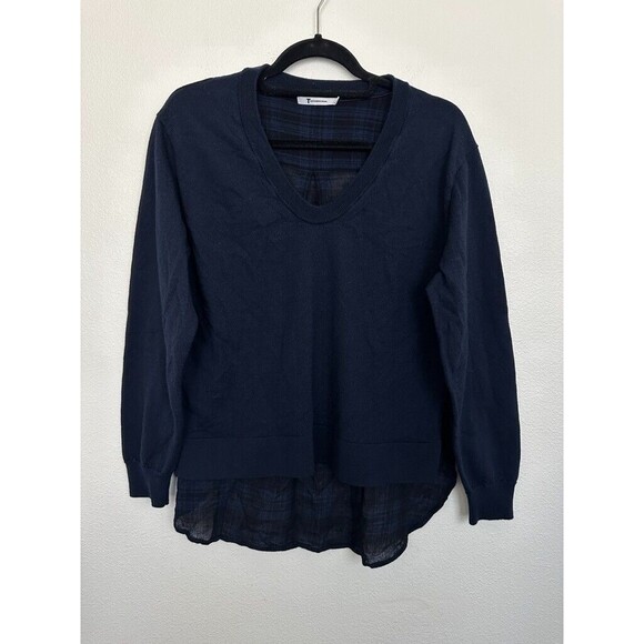 T by Alexander Wang Merino Wool V Neck Sweater Navy Blue Plaid Back Size Medium - Picture 4 of 10